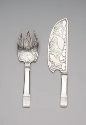 Fiskeskive og gaffel, ca. 1870-80 (sølv)