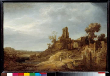 Landskab ved broen og ruinerne Maleri af Govaert Flink (1615/1616-1660) 1637 Søn. 0,49x0,75 m