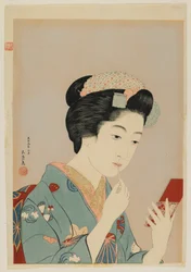 Kvinde, der påfører læberødt, Taisho-æraen, februar 1920 (farve-træsnit)