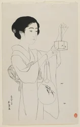 Kvinde holder et ildfluebur, Taisho-æra, juli 1920 (træbloktryk)