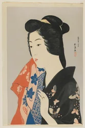 Kvinde holder et håndklæde, Taisho-æra, oktober 1920 (træbloktryk i farver)