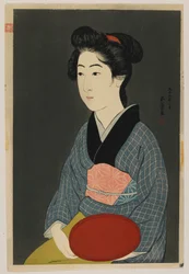 Kvinde med en bakke i hånden, Taisho-æraen, januar 1920 (farve-træsnit)