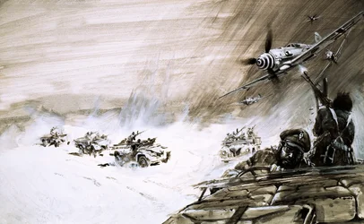 En konvoj af fem tunge lastbiler, der krydser det egyptiske sandhav, bliver angrebet af et fjendtligt fly (gouache på papir)