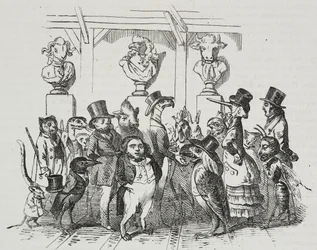 Udgang fra teatret, karikatur af Jean-Jacques Grandville (1803-1847), litografi af Giovanni Mariani fra Poliorama Pittoresco, nr. 39, 7. maj