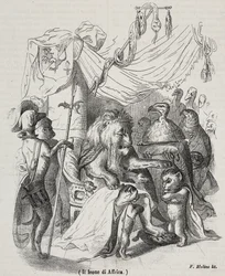 Lion of Africa, karakter af historien om afrikansk løve og tre indfødte unge løver, litografi af Filippo Molino (1804-1856) efter tegning af Jean-Jacques Grandville (1803-1847),
