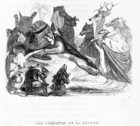 Begravelsen af løvinden - i "" Fables de La Fontaine"" ill. af Grandville