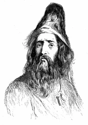 Portræt af Robinson Crusoe efter 11 år på sin øde ø - illustration af Grandville til romanen af Daniel De Foe (Defoe) - edition Garnier 1869 s 138.