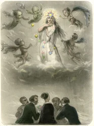 Allegori om en ung kvinde omgivet af fire sukkere, som sammenligner sig selv med en planet, som fire satellitter graviterer omkring, hvoraf den ene bliver hendes sol. Grandville-stik, der illustrerer et kapitel i Merys bog: "Stjernerne"