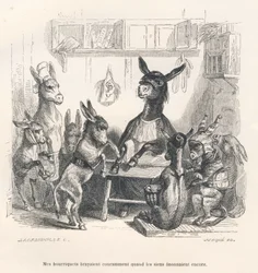 Æsler i skolen. Vignetter illustreret af J. J. Grandville. Stik signeret af Caque i afsnittet "Æselvejledning til brug for dyr, der ønsker at opnå hæder", skrevet af Honoré de Balzac, i "Scener fra dyrenes private og offentlige liv". Paris