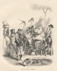 Dyr i elegante tøj, der går i Tuilerierne. Vignetter illustreret af JJ Granville. Gravering signeret Andrew, Best og Leloir i delen "History of a Hare" skrevet af PJ Stahl i "Scener af dyrenes private og offentlige liv". Vædde