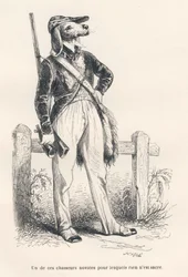Hund i jagttøj. Miniaturer illustreret af JJ Granville. Gravering signeret Caque i delen med titlen "Erindringer om en gammel krage" skrevet af PJ Stahl i "Scener fra dyrenes private og offentlige liv". Paris, J. Hetzel og Paulin