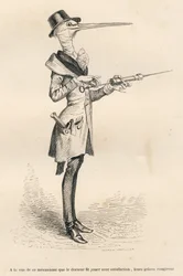 Stork som læge, der håndterer et lavement. Miniaturer illustreret af JJ Granville. Gravering signeret Andrew, Best og Leloir i delen med titlen "Court pains of an English cat" skrevet af Honore de Balzac i "Scener fra det private og offentlige liv i
