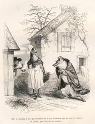 Samtale mellem en hund, en høne og en ræv. Vignetter illustreret af JJ Granville. Gravering signeret Godard i afsnittet med titlen "En ræv fanget i en fælde" skrevet af Charles Nodier i "Scener af dyrenes private og offentlige liv". Paris, J.H