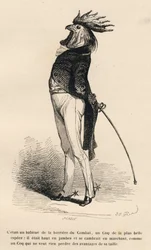 Hane vant til den stolte købmandskampbarriere. Miniaturer illustreret af JJ Granville. Gravering signeret Caque i delen "Historien om en hare" skrevet af PJ Stahl i "Scener fra dyrenes private og offentlige liv". Paris, J. Hetzel og Paulin