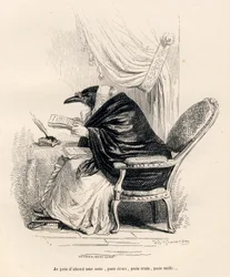 Ravn skriver. Vignetter illustreret af JJ Granville. Gravering signeret Andrew, Best og Leloir i afsnittet med titlen "Erindringer om en gammel krage" skrevet af PJ Stahl i "Scener fra dyrenes private og offentlige liv". Paris, J. Hetzel og Paulin