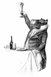 Detalje af et stik af Grandville, hentet fra bogen Private and Public Life of Animals (Les animaux ints par eux memes), udgave Hetzel 1867 - Flodhest ved et bord, der løfter sit glas og udbringer en skål.
