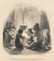 To besøgende kommer for at genere bjørnefamilien, der sidder foran pejsen, hvori en gryde hænger ved et stativ. Miniaturer illustreret af JJ Granville. Gravering signeret Breviere i delen med titlen "L