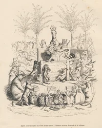 Løvens politiske tale på en tribune omgivet af alle de andre dyr. Miniaturer illustreret af JJ Granville. Gravering signeret Godard i prologen med titlen "Parlamentary Summary" skrevet af PJ Stahl i "Scenes de la vie private et publique des an