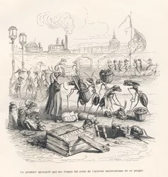 Myrer i fuld aktivitet ved bredden af ​​Seinen. Miniaturer illustreret af JJ Granville. Gravering signeret Porret i delen med titlen "En spurvs rejse fra Paris" skrevet af George Sand i "Scener fra dyrenes private og offentlige liv". Paris,