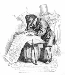 Grandville-stik fra bogen "Dyrenes private og offentlige liv (Les animaux peints par eux memes)", Hetzel-udgaven 1867 - Karikatur: vildsvin, der skriver et andragende.
