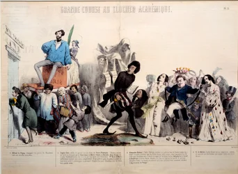 Fantastisk kapløb til det akademiske klokketårn. Forfatterne Alfred de Vigny (1797-1863), Eugene Sue (1804-1857), Alexandre Dumas (1802-1870) og Honore de Balzac (1799-1850) anerkendes. Gravering af Gerard Grandville (1803-1847)