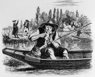 La Fontaines fabel (af Jean de La Fontaine) : Den lille fisk og fiskeren, stik af J.J. Grandville, ca. 1838-40
