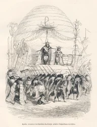 Bidronningen og hendes hær. Miniaturer illustreret af JJ Granville. Gravering signeret Andrew, Best og Leloir i delen med titlen "En spurvs rejse fra Paris" skrevet af George Sand i "Scener fra dyrenes private og offentlige liv". Paris, J.