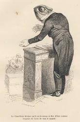 Cameleonen erklærer, at han er glad og stolt over at være som altid i alles øjne. Illustrerede vignetter af JJ Granville. Gravering signeret af Caque i prologen med titlen "Resume parlementaire" skrevet af PJ Stahl i "Scenes de la vie privee et