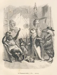 Den dovne mand gabte, at han ventede. Vignetter illustreret af JJ Granville. Gravering signeret Godard i den del med titlen "Les animaux medecins" skrevet af Pierre Bernard i "Scenes de la vie privee et publique des animaux". Paris, J. Hetzel et Paulin