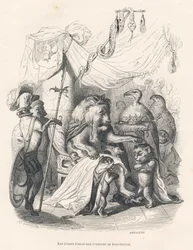 Unge løveunger modtager løvekongens velsignelse. Vignetter illustreret af JJ Granville. Gravering signeret Breviere i delen med titlen "Voyage of an African Lion in Paris" skrevet af Honore de Balzac i "Scenes de la vie privee et publique des