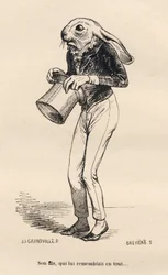 Feje Lievre i et dandy kostume. Vignetter illustreret af JJ Granville. Gravering signeret Breviere i delen "History of a Hare" skrevet af PJ Stahl i "Scener af dyrenes private og offentlige liv". Paris, J. Hetzel og Paulin