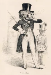 Løve af Paris. Vignetter illustreret af JJ Granville. Gravering signeret Andrew, Best og Leloir i delen med titlen "Voyage of an African Lion in Paris" skrevet af Honore de Balzac i "Scener af dyrenes private og offentlige liv". Paris, J. Hetzel og