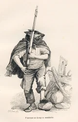 Ulv på vagtpost. Vignetter illustreret af JJ Granville. Gravering signeret Andrew, Best og Leloir i delen med titlen "Voyage d