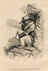 Loup forskanset sig i sin kontemplative ensomhed. Miniaturer illustreret af JJ Granville. Gravering signeret Caque i delen med titlen "Bjørnen eller Brevet skrevet fra bjerget" skrevet af L. Baude i "Scener fra dyrenes private og offentlige liv". Paris, J.