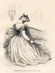 Hun-ulven, siddende i en lænestol. Miniaturer illustreret af JJ Granville. Gravering signeret Breviere i delen med titlen "En spurvs rejse fra Paris" skrevet af George Sand i "Scener fra dyrenes private og offentlige liv". Paris, J. Hetzel og Paulin