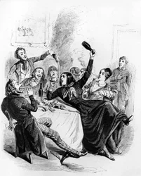 Frokost med drenge fra de 2 køn: mænd og kvinder, der drikker alkohol og ryger, tegning af Jean Ignace Isidore aka JJ Grandville