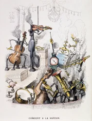 Musikere forvandlet til maskiner og gav en “” -koncert à la Steam ”” - i “” un Autre Monde ”” af Grandville, slutningen af det 19. århundrede.