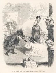 Opera med et pindsvin, en hund og en hejre på scenen. Vignetter illustreret af JJ Granville. Gravering signeret Godard i den del med titlen "Le premier feuilleton de Pistolet" skrevet af Jules Janin i "Scenes de la vie privee et publique des animaux".