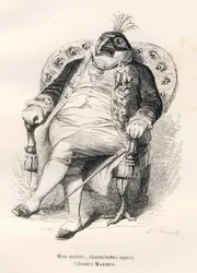 Påfugl sidder i sin stol. Vignetter illustreret af JJ Granville. Gravering signeret Porret i delen med titlen "Guide-æsel til brug for dyr, der ønsker at opnå hæder" skrevet af Honore De Balzac i "Scener af det private og offentlige liv i en