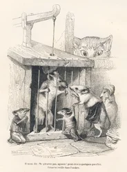 Trap: Kat ser efter mus, der er kommet for at sørge over den, der er blevet taget til fange. Miniaturer illustreret af JJ Granville. Gravering signeret Andrew, Best og Leloir i delen med titlen "The philosopher rat" skrevet af Edouard Lemoine i "Privatlivs