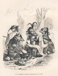 Ræve spiser haneæg foran en grædende høne. Vignetter illustreret af JJ Granville. Gravering signeret Godard i afsnittet med titlen "En ræv fanget i en fælde" skrevet af Charles Nodier i "Scener af dyrenes private og offentlige liv".