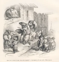 Mus, der giver velgørenhed til en gris. Vignetter illustreret af JJ Granville. Stikket er signeret Andrew, Best og Leloir i den del med titlen "Le rat philosophe" skrevet af Edouard Lemoine i "Scenes de la vie privee et publique des animaux". Paris, J. Het
