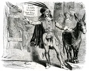 Charlatanen: La Fontaine-fabel illustreret af Grandville. Edition Garnier 1860. Denne skipper gør det svært at gøre alle æsler til videnskabsmænd.