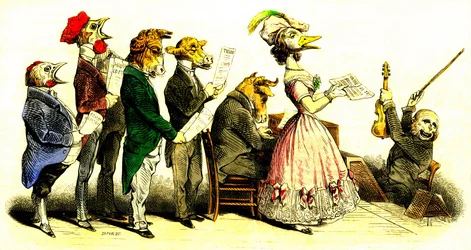 Vokalkoncerten - kor: sangere et dyrehoved med kordirigent, der forestiller en abe - litografi af Grandville (Jean Ignace Isidore Gerard 1808-1847) fra bogen "Les Metamorphoses du Jour" 1828.