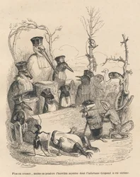 Domstol bestående af en stork og andre fugle, en muldvarp og et firben for at afsløre den skyldige i mordet på tudsen. Vignetter illustreret af J. J. Granville. Gravure signeret Andrew, Best og Leloir i afsnittet med titlen „Cour criminelle de just“