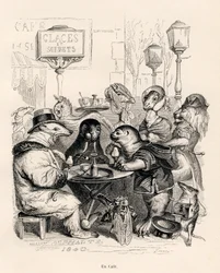 En cafe frekventeret af dyr af enhver art. Miniaturer illustreret af JJ Granville. Indgravering signeret Godard i delen med titlen "En afrikansk løves rejse til Paris" skrevet af Honore de Balzac i "Scener fra dyrenes private og offentlige liv". P