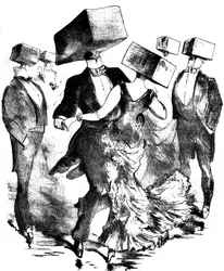 Usigneret illustration til partituret til et værk af Emile Fischer med titlen "Polka des hamteaux", slutningen af det 19. - begyndelsen af det 20. århundrede - denne anonyme komposition minder lige så meget om forløberen Grandvilles opfindelser som om frem