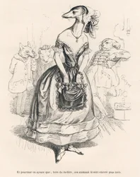 ... uden for teatret er disse dyr endnu grimmere. Vignetter illustreret af JJ Granville. Gravering signeret Godard i den del med titlen "Le premier feuilleton de Pistolet" skrevet af Jules Janin i "Scenes de la vie privee et publique des animaux".