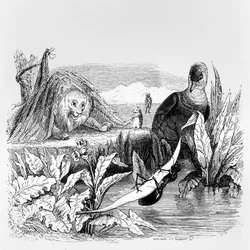 Duen og myren og løven og rotten, illustration til La Fontaines »Fabler«, udgivet af H. Fournier Aîné, 1838