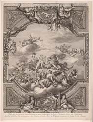 Apollo uddeler belønninger og Minerva kroner Frankrigs genialitet Apollon distirbuë des recompenses aux Sciences et aux Arts, et Minerve couronne le Genie de la France (titel på objekt) Loftsmalerier i slottet i Versailles (serietitel)